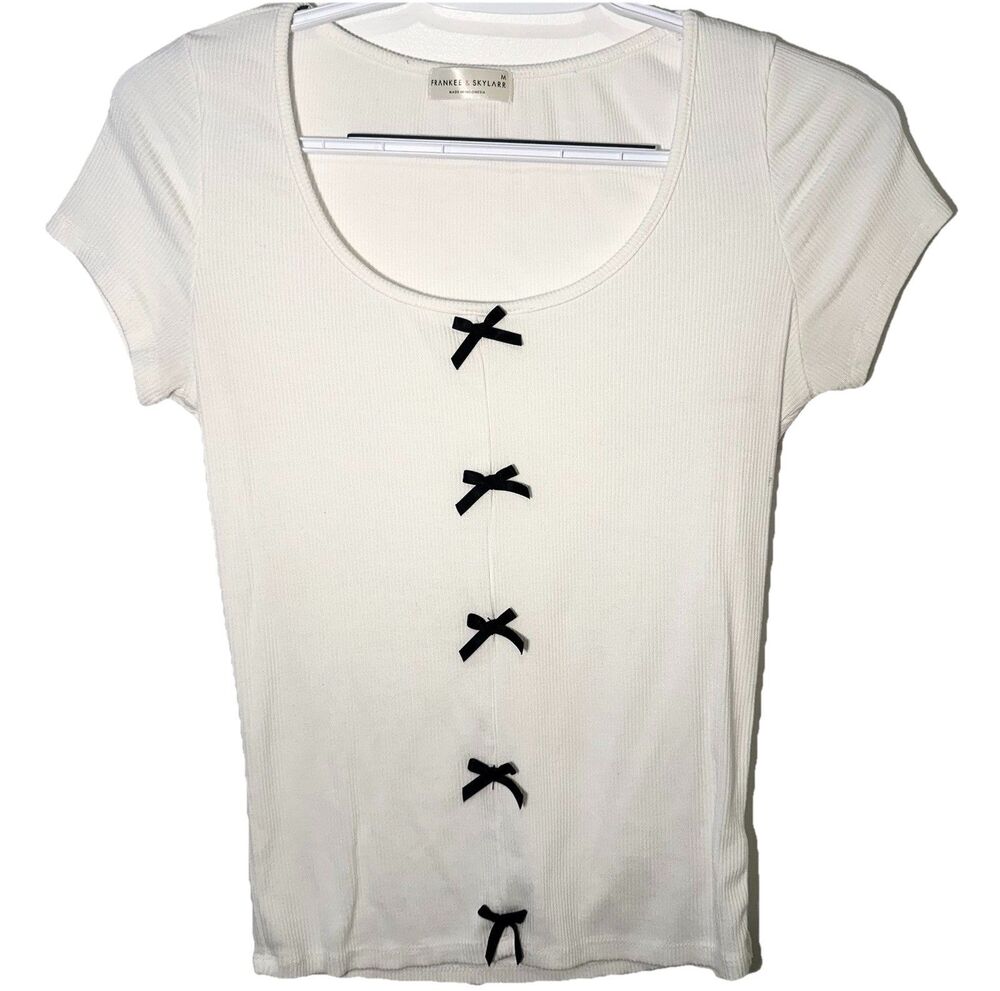 Frankee & Skylar Ribbed Cream Bow Top Women M Balletcore Coquette